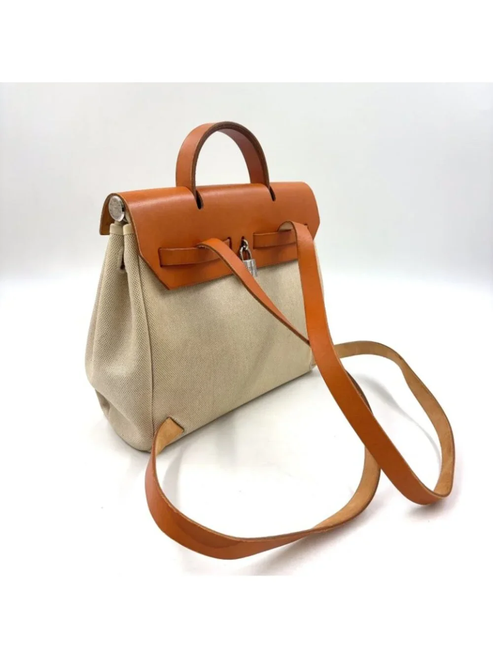 Hermes Herbag a Dos PM Handbag Leather Canvas Beige Light Brown Backpack Silver